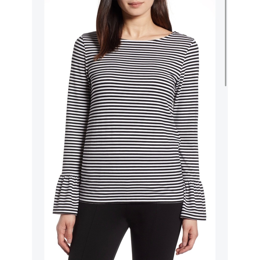FRAME Navy White Striped Bell Long Sleeve Boat Neck Top Medium